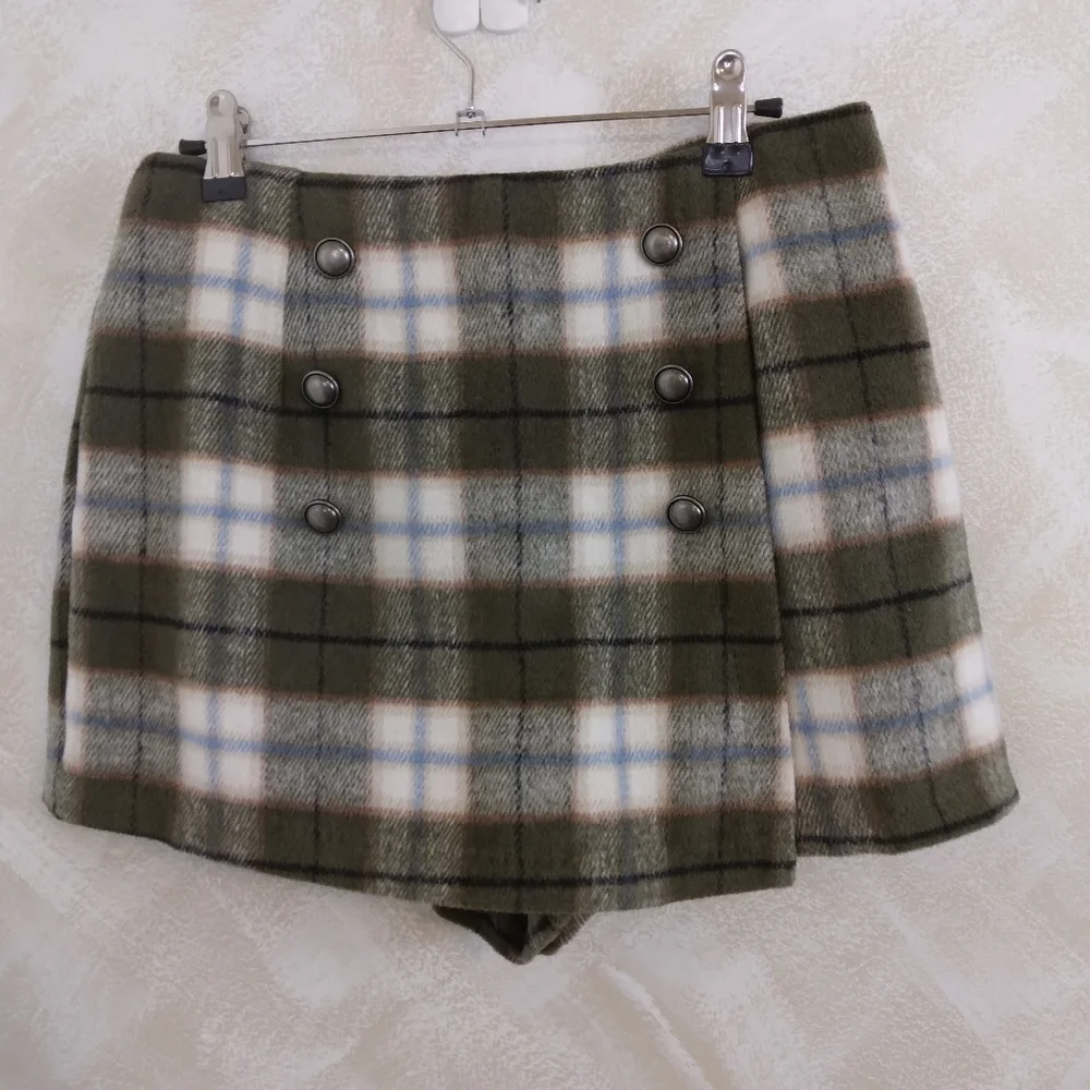 Forever 21 Green Blue Cream Plaid Faux Wrap Skort Size Medium